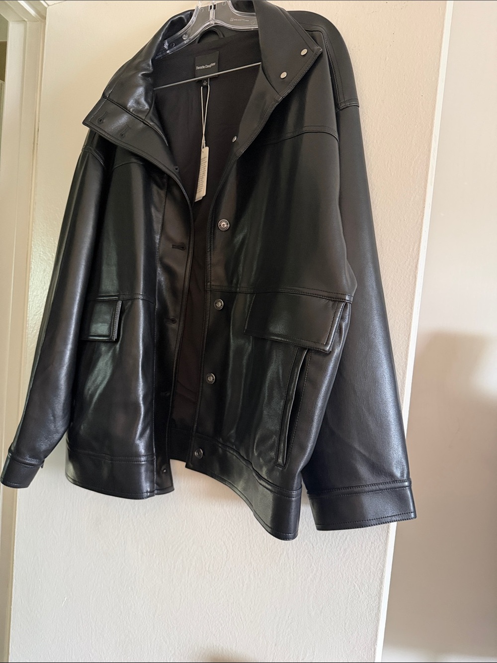 Favorite Daughter Black Faux Leather Biker Jacket with Silver Hardware